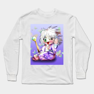 happy chibi elf sorcerer in a purple kimono Long Sleeve T-Shirt